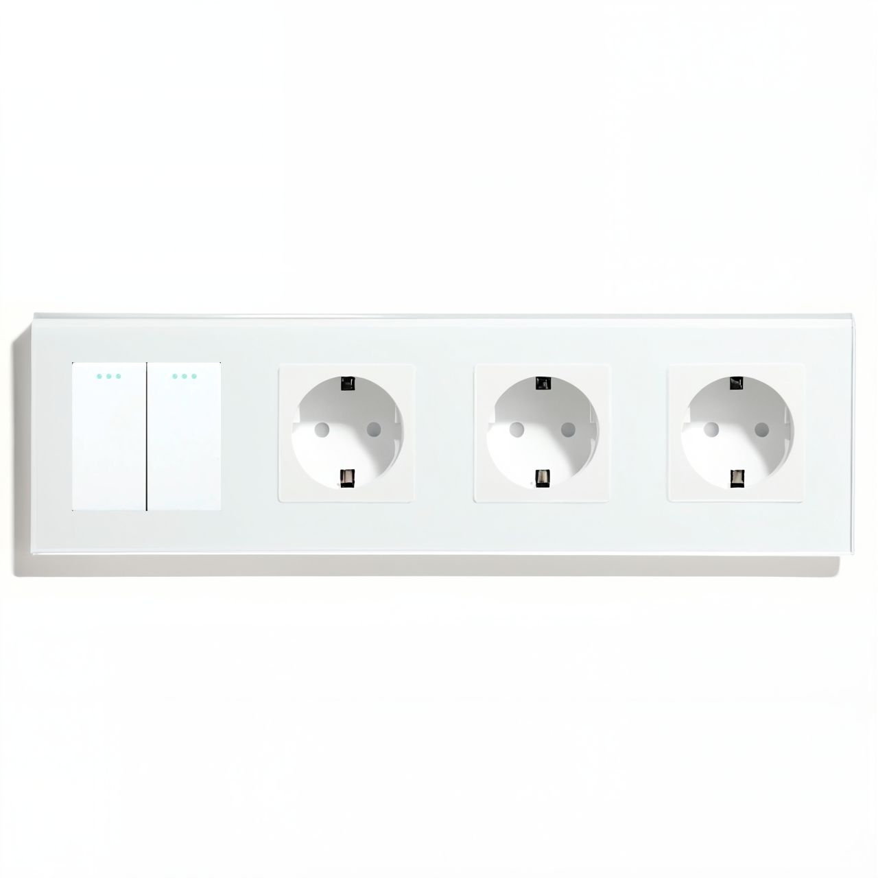 Купить Выключатель с розеткой, 2 клавиши 3 розетки, 4 поста (M2+3F) рамка стекло 299х86мм цвет белый в интернет-магазине Mvava.ru
