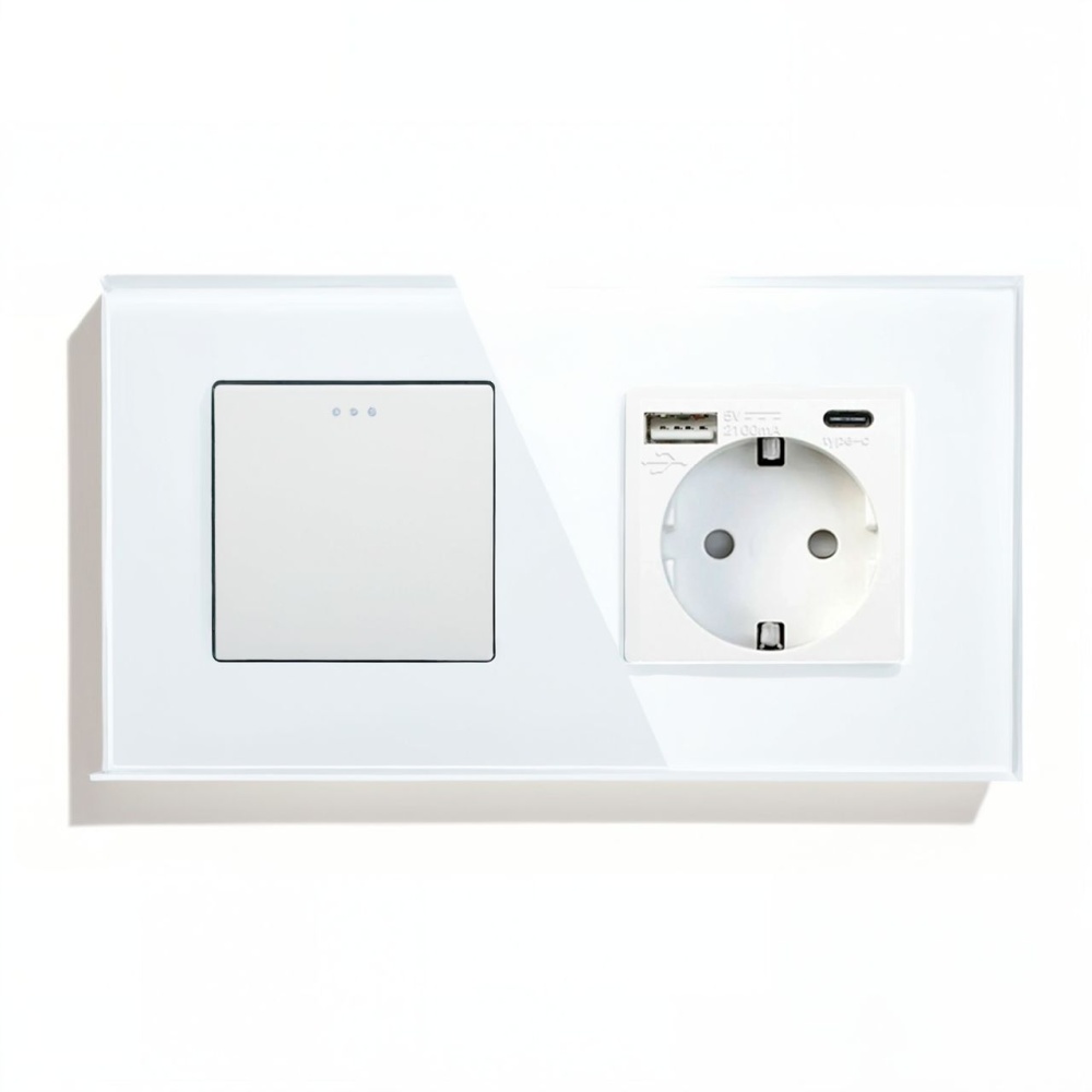 Купить Выключатель с розеткой, 1 клавиша 1 розетка с usb type-c, 2 поста (М1+1FAC) рамка стекло 157х86мм цв в интернет-магазине Mvava.ru