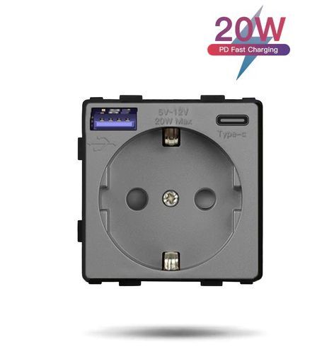 Купить Механизм розетки (без рамки) с Usb/Type-C АC, быстрая зарядка 20Вт, цвет серый в интернет-магазине Mvava.ru