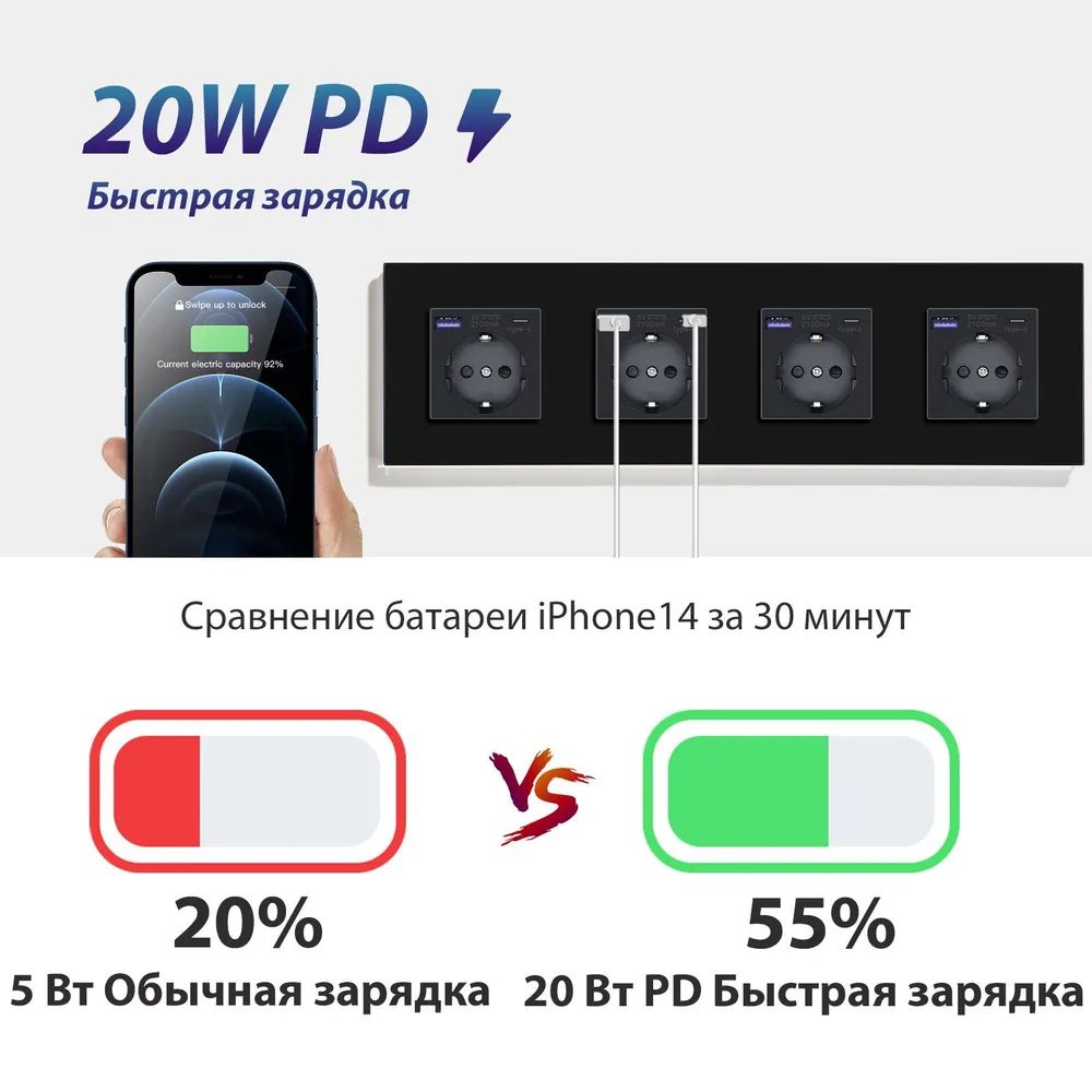 Купить Розетка электрическая 4 поста АC, быстрая зарядка 20W, стекло 299х86 мм, цвет черный в интернет-магазине Mvava.ru
