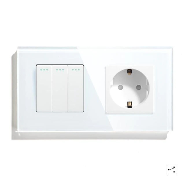 Купить Выключатель с розеткой, 3 клавиши 1 розетка, 2 поста (М3+1F) рамка стекло 157х86мм цвет белый в интернет-магазине Mvava.ru
