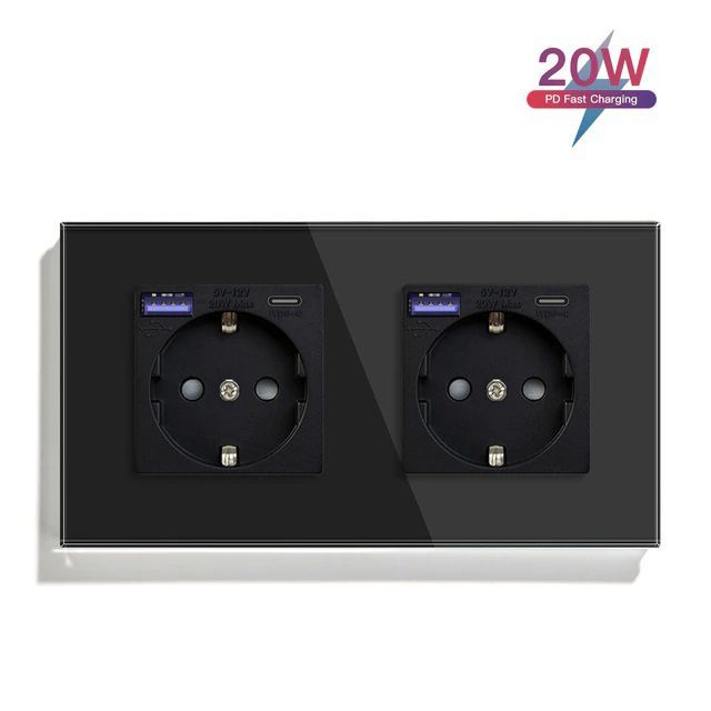 Купить Розетка электрическая 2 поста с Usb/Type-C АC, быстрая зарядка 20W, цвет черный в интернет-магазине Mvava.ru