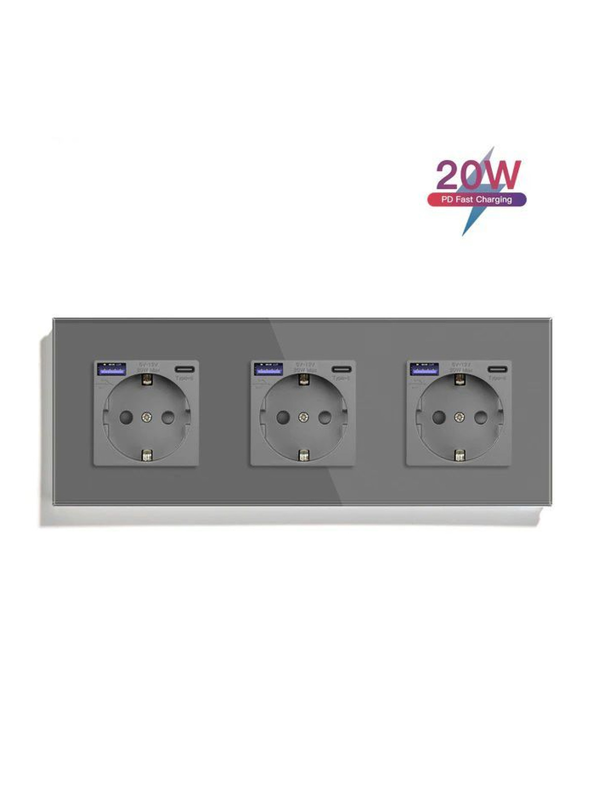 Купить Розетка электрическая 3 поста АC, быстрая зарядка 20W, стекло 228х86 мм, цвет серый в интернет-магазине Mvava.ru