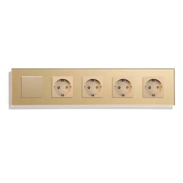 Купить Выключатель с розеткой, 1 клавиша 4 розетки, 5 постов (M1+4F) рамка стекло 370х86мм цвет золото в интернет-магазине Mvava.ru