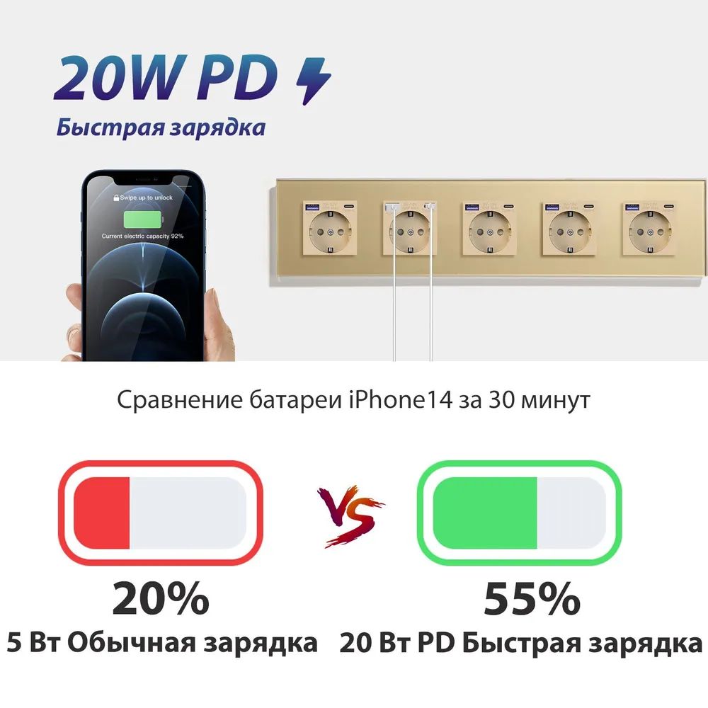 Купить Розетка электрическая 5 постов АC, быстрая зарядка 20W, стекло 370х86 мм, цвет золотой в интернет-магазине Mvava.ru