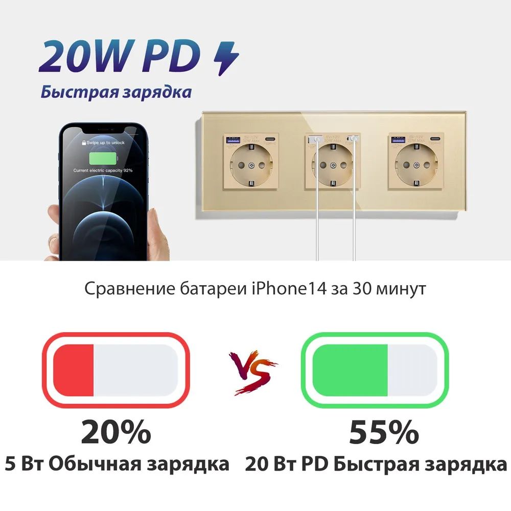 Купить Розетка электрическая 3 поста АC, быстрая зарядка 20W, стекло 228х86 мм, цвет золотой в интернет-магазине Mvava.ru
