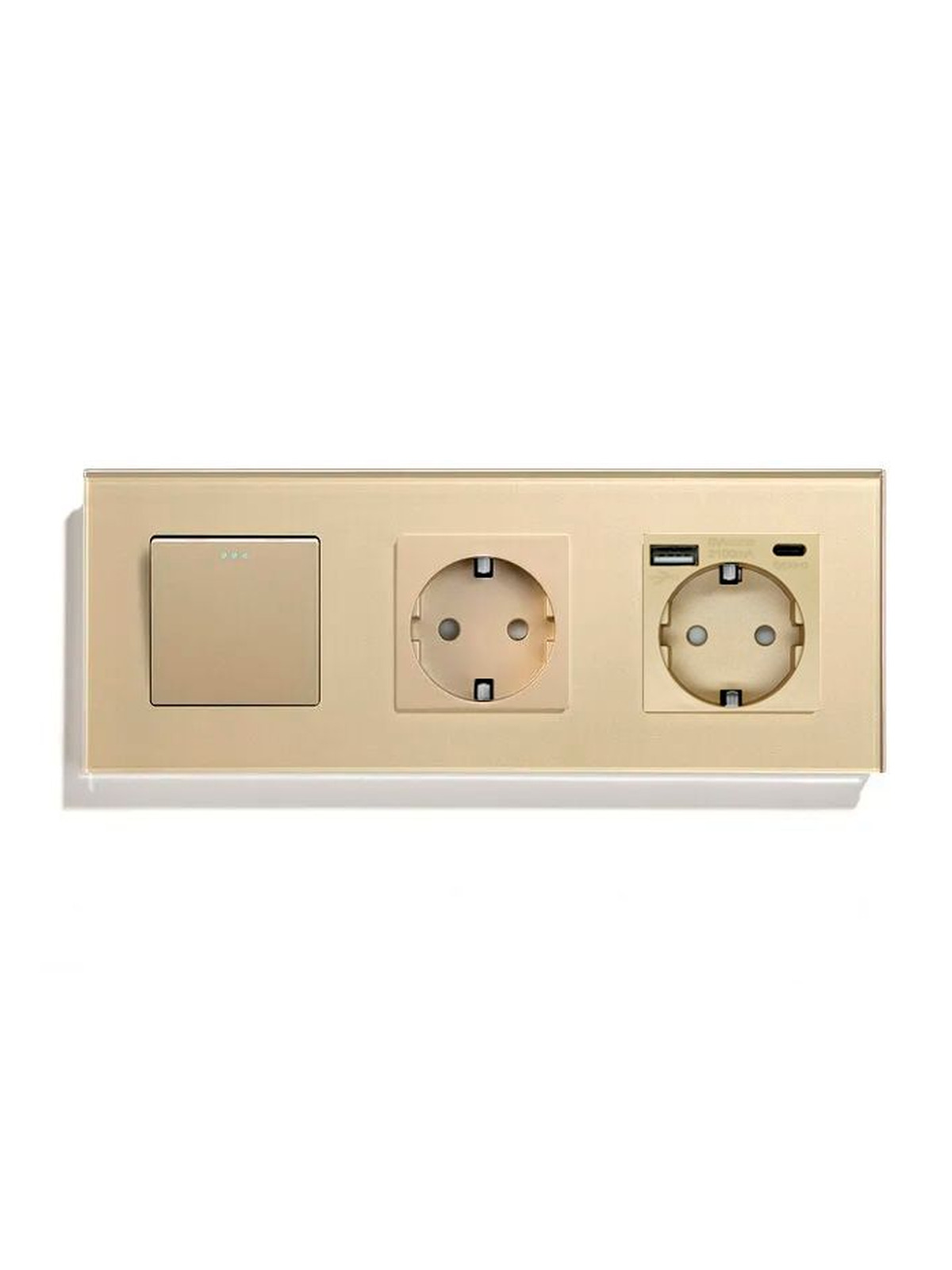 Купить Выключатель с розеткой, 1 клавиша 2 розетки c usb type-c, 3 поста (M1+2FAC) рамка стекло 228х86мм цвет золотой в интернет-магазине Mvava.ru