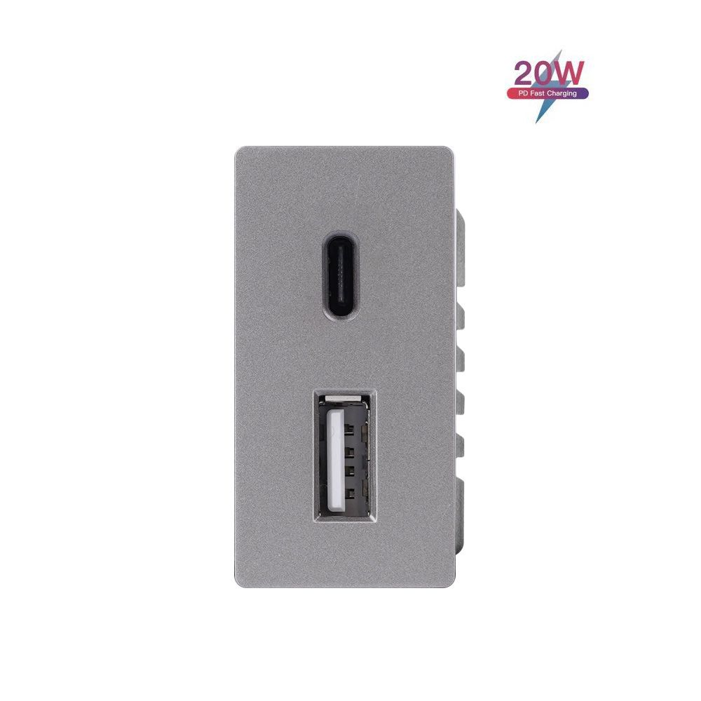 Купить Механизм розетки 1/2 (без рамки) USB АС, быстрая зарядка 20Вт, цвет серый в интернет-магазине Mvava.ru