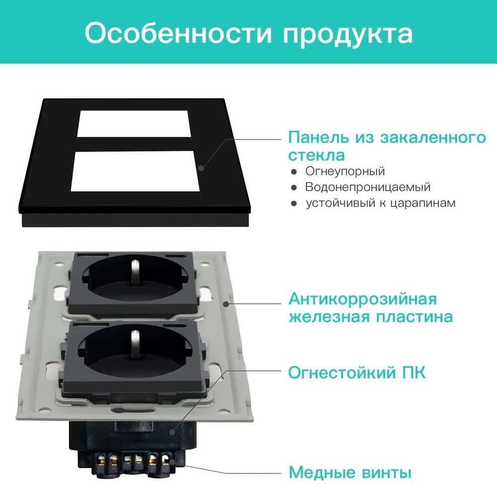 Купить Розетка электрическая 2 поста АC, зарядка 10W, стекло 157х86 мм, цвет черный в интернет-магазине Mvava.ru