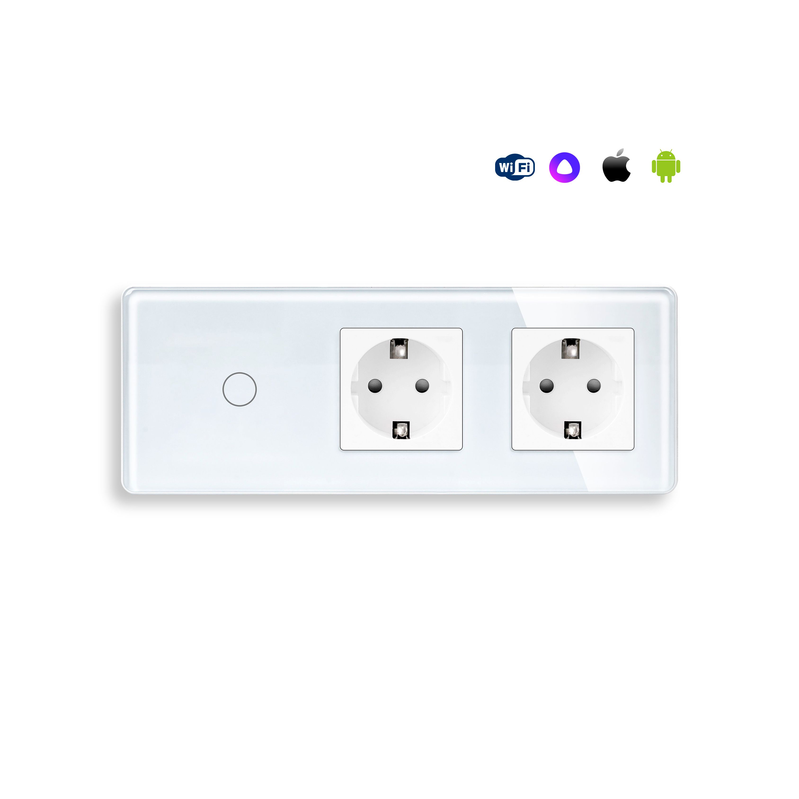 Купить Сенсорный выключатель WiFi 1 клавиша 2 розетки 3 поста (1G+2EU) стекло 2.5D 228х86мм цвет белый в интернет-магазине Mvava.ru