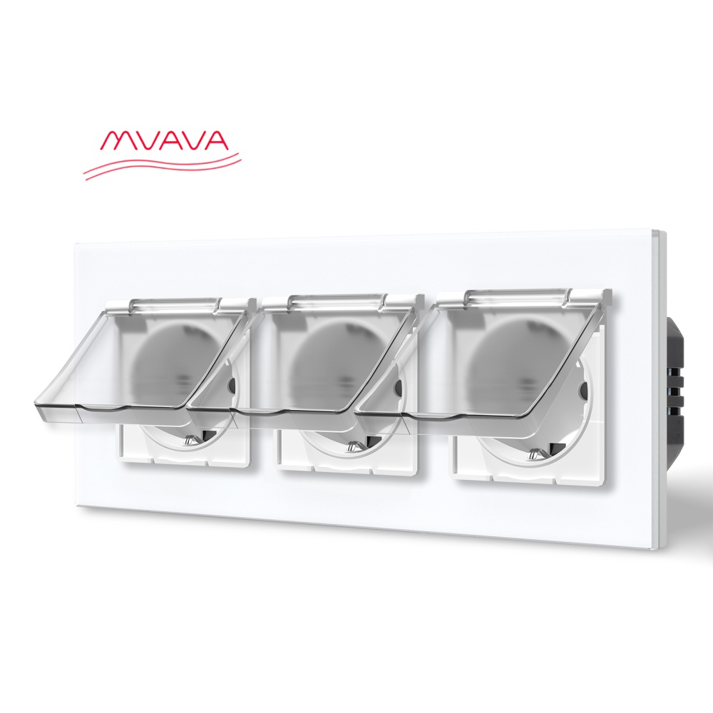 Купить Розетка влагозащищенная с крышкой, 3 поста, рамка 228х86 стекло, цвет белый в интернет-магазине Mvava.ru