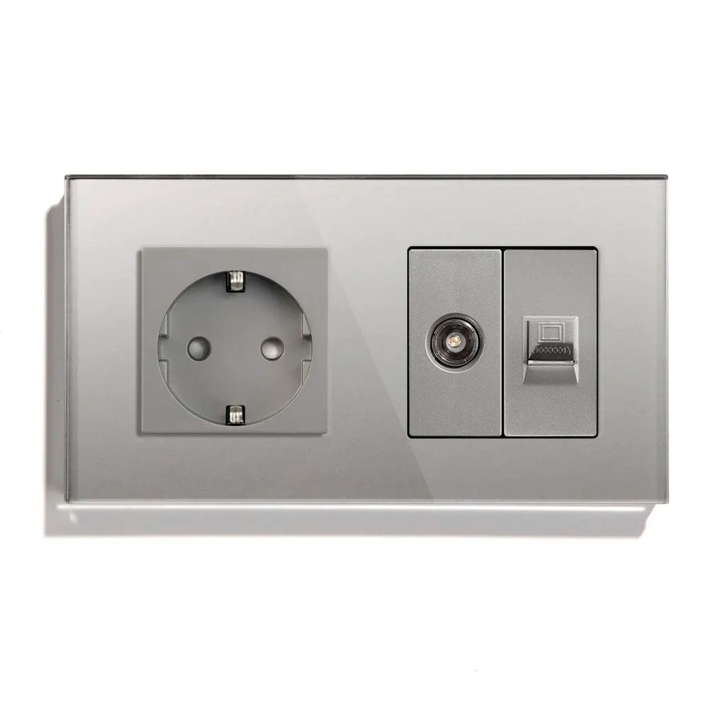 Купить Розетка 2 поста с интернет/тв, cat5/tv, рамка 157х86мм стекло, цвет серый в интернет-магазине Mvava.ru