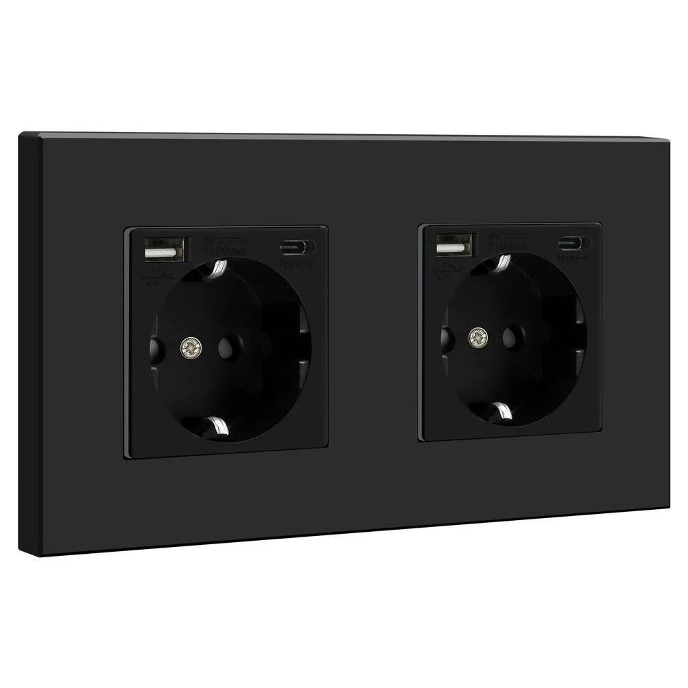 Купить Розетка электрическая 2 поста, с Usb/Type-C АC, рамка 157х86мм пластик, цвет черный в интернет-магазине Mvava.ru