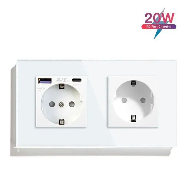 Купить Розетка электрическая 2 поста с Usb/Type-C и розеткой, быстрая зарядка 20W, цвет белый в интернет-магазине Mvava.ru