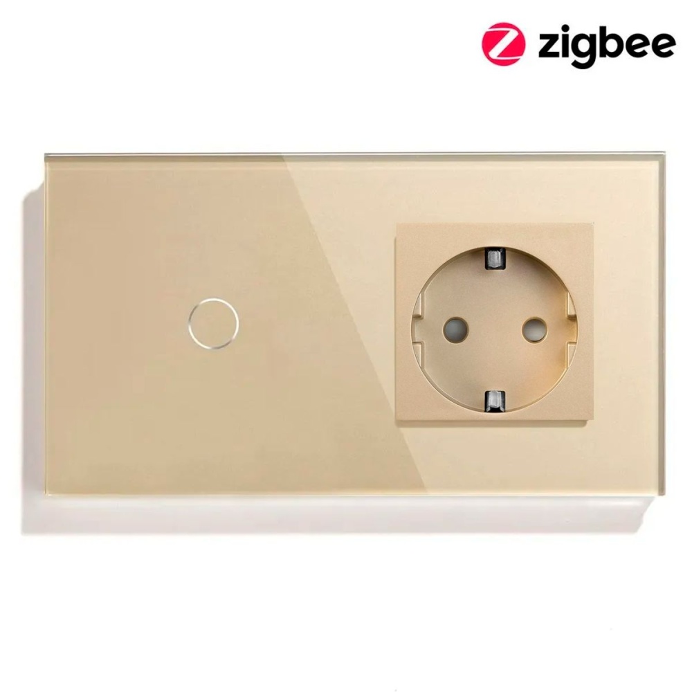 Купить Сенсорный выключатель ZigBee 1кл. 1 розетка, 2 поста (1G+1EU) стекло 157х86мм цвет золотой в интернет-магазине Mvava.ru