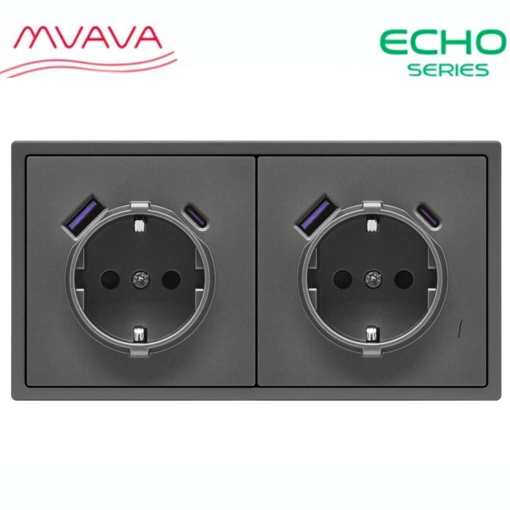 Купить Розетка электрическая echo 2 поста с Usb/Type-C АC, быстрая зарядка 20W, цвет серый в интернет-магазине Mvava.ru
