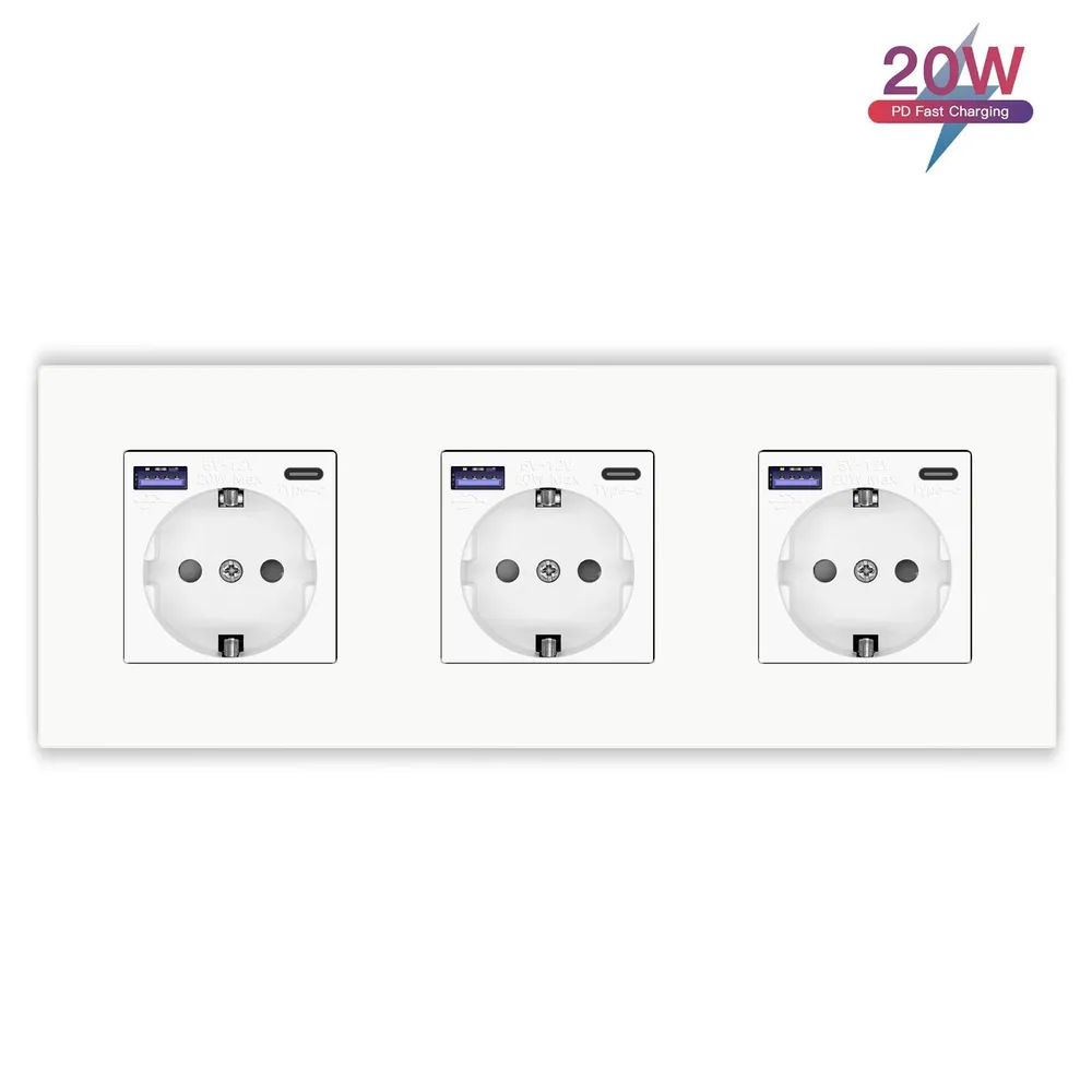 Купить Розетка электрическая 3 поста с Usb/Type-C АC, быстрая зарядка 20W, рамка пластик цвет белый в интернет-магазине Mvava.ru
