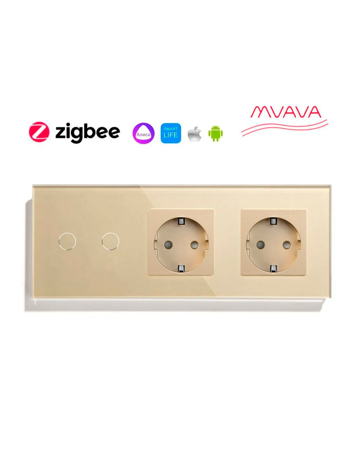 Купить Сенсорный выключатель ZigBee MVAVA 2кл. 2 розетки, 3 поста (2G+2EU) стекло 228х86мм цвет золотой в интернет-магазине Mvava.ru