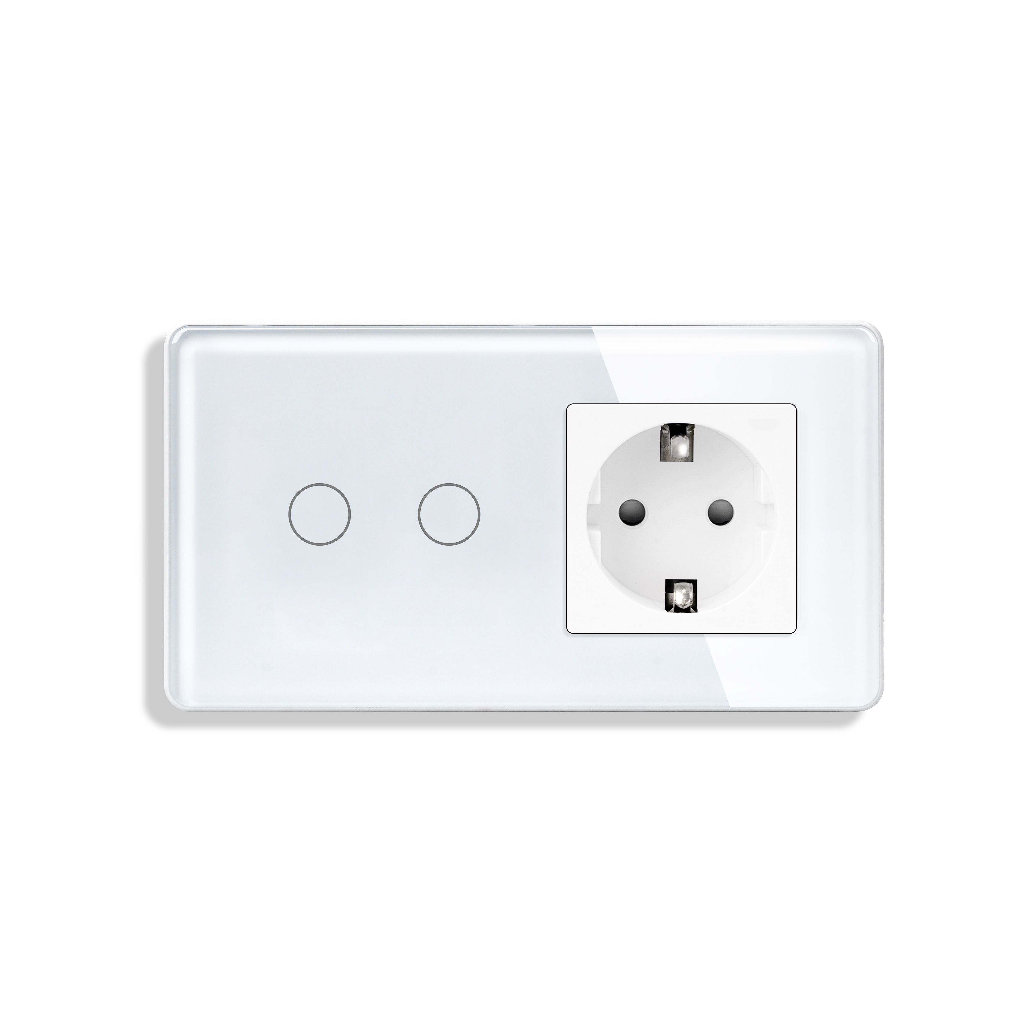 Купить Сенсорный выключатель с розеткой 2кл. 1 розетка, 2 поста (2G+1EU) стекло 2.5D 157х86мм цвет белый в интернет-магазине Mvava.ru