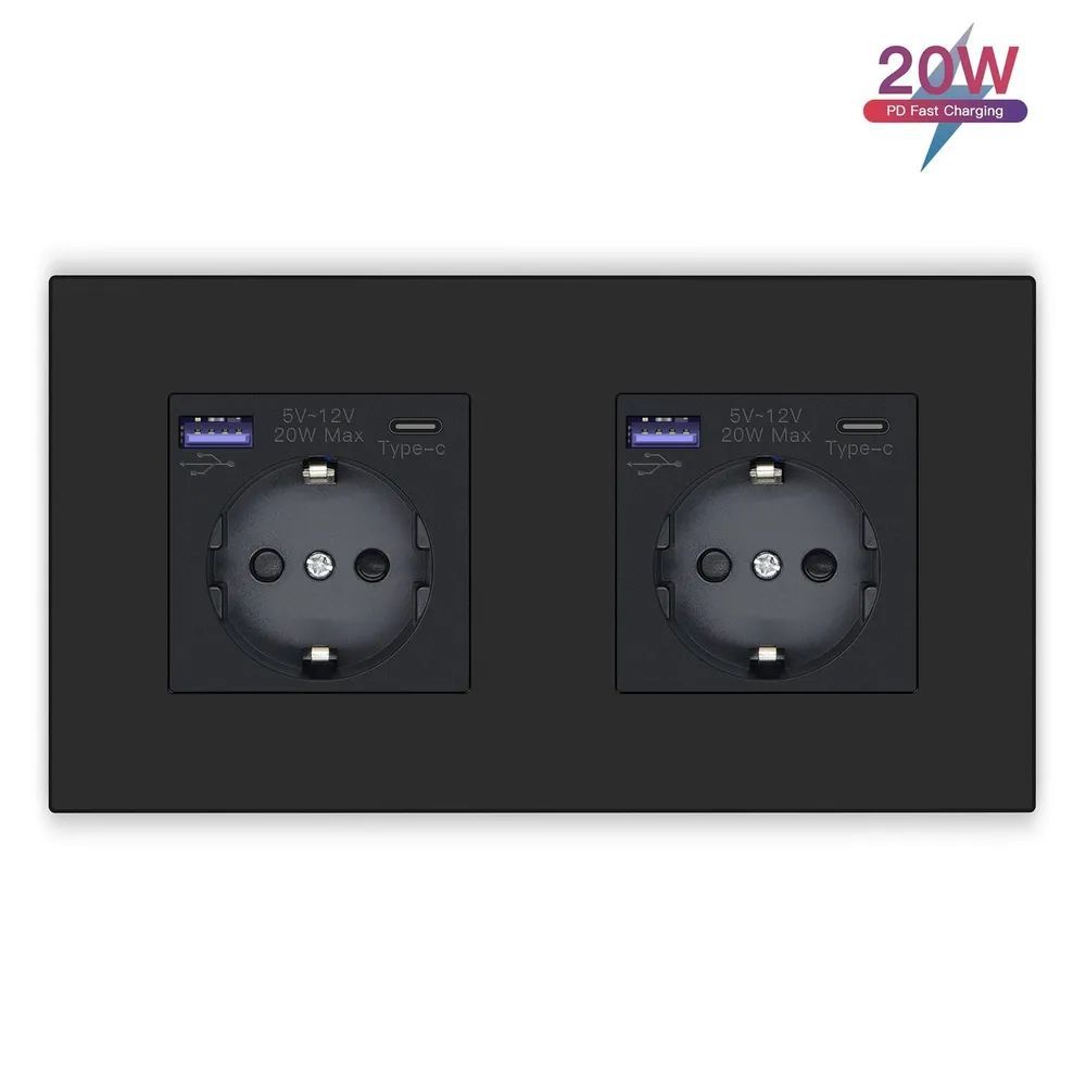 Купить Розетка электрическая 2 поста с Usb/Type-C АC, быстрая зарядка 20W, рамка пластик, цвет черный в интернет-магазине Mvava.ru