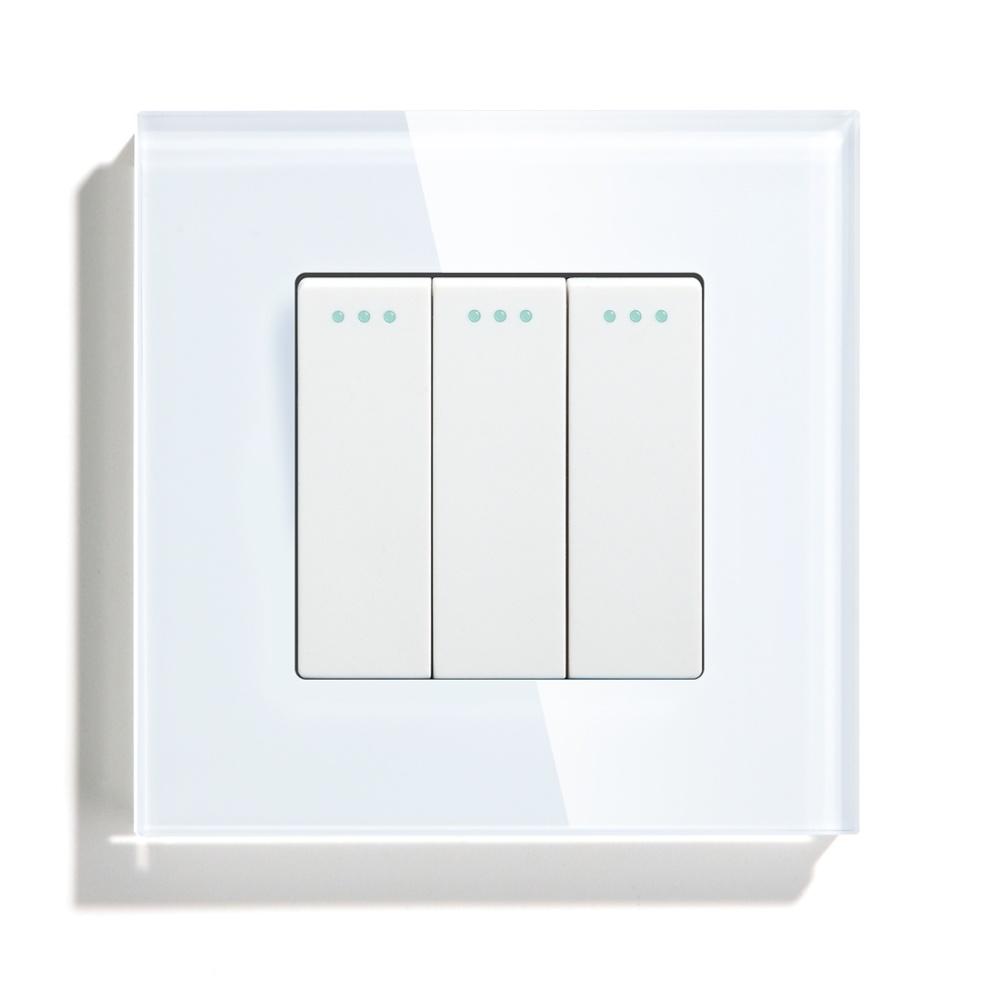 Купить Выключатель проходной, 3 клавиши, рамка 86х86мм стекло, цвет белый в интернет-магазине Mvava.ru