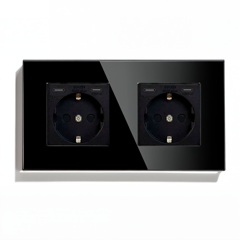 Купить Розетка электрическая 2 поста CC, быстрая зарядка 20W, стекло 157х86 мм, цвет черный в интернет-магазине Mvava.ru