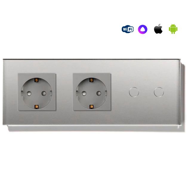 Купить Сенсорный выключатель WiFi с нулем 2розетки 2кл. 3поста (2EU+2G) стекло 228х86мм цвет серый в интернет-магазине Mvava.ru