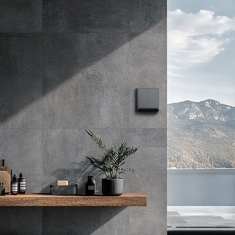 Купить Выключатель echo, 2 клавиши, 1 пост, рамка пластик 81х81мм цвет серый в интернет-магазине Mvava.ru