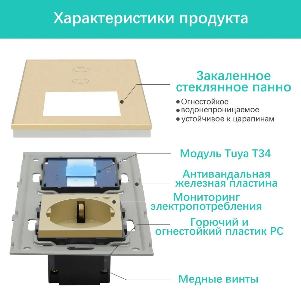 Купить Сенсорный выключатель ZigBee MVAVA 2кл. 1 розетка, 2 поста (2G+1EU) стекло 157х86мм цвет золотой в интернет-магазине Mvava.ru