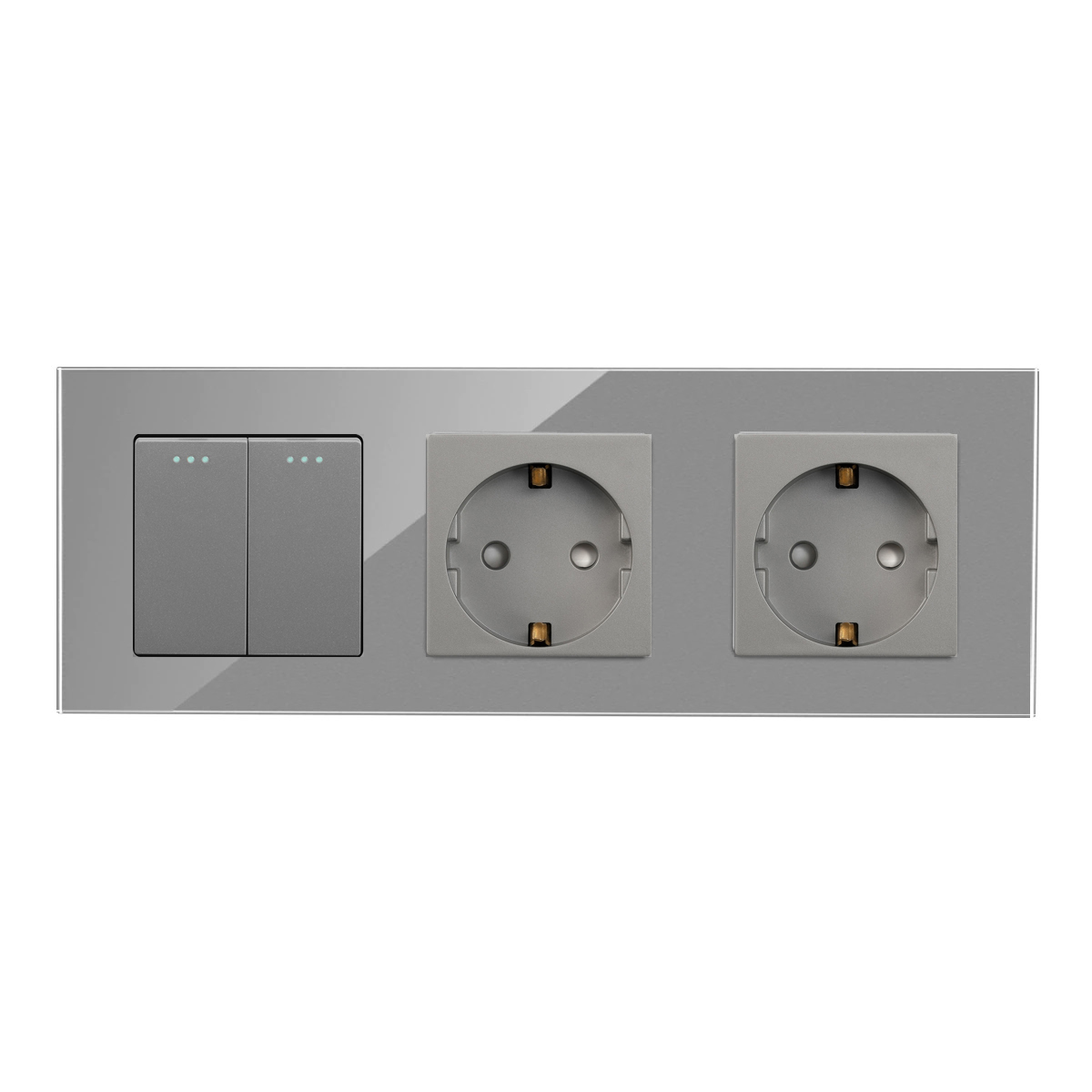 Купить Выключатель с розеткой, 2 клавиши 2 розетки, 3 поста (M2+2F) рамка стекло 228х86мм цвет серый в интернет-магазине Mvava.ru