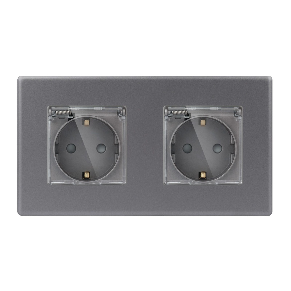 Купить Розетка c крышкой, IP44 2 поста 16А, рамка 157х86мм пластик, цвет серый в интернет-магазине Mvava.ru