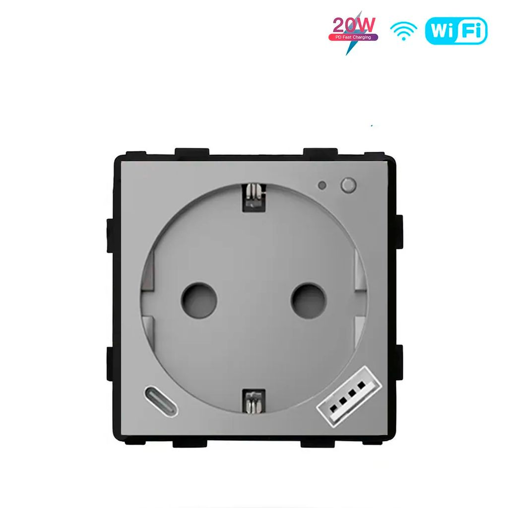 Купить Механизм розетки Wi-Fi с мониторингом, Usb/Type-C АC быстрая зарядка 20Вт, (без рамки) цвет серый в интернет-магазине Mvava.ru