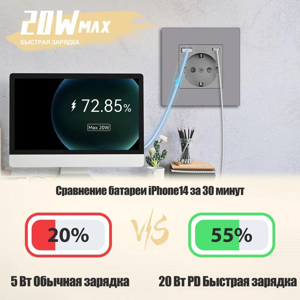 Купить Розетка электрическая 1 пост с Usb/Type-C АC, быстрая зарядка 20W, рамка пластик, цвет серый в интернет-магазине Mvava.ru