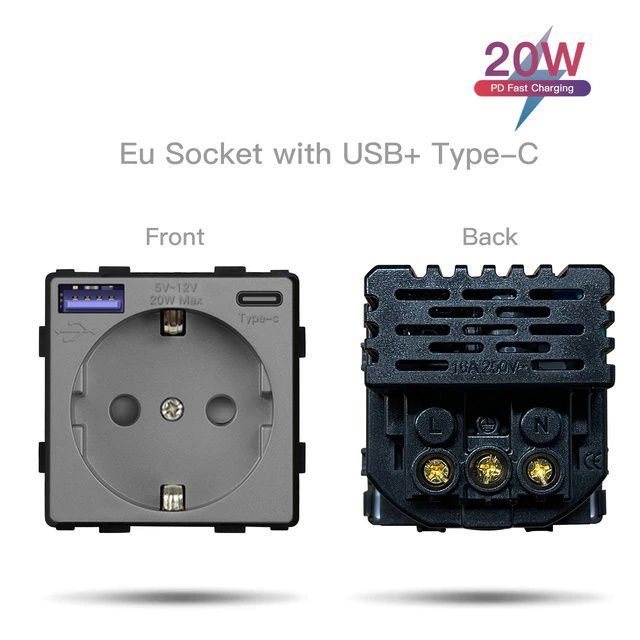 Купить Механизм розетки (без рамки) с Usb/Type-C АC, быстрая зарядка 20Вт, цвет серый в интернет-магазине Mvava.ru