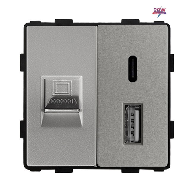 Купить Механизм розетки Usb-typeC-/Cat5, 20w, цвет серый в интернет-магазине Mvava.ru