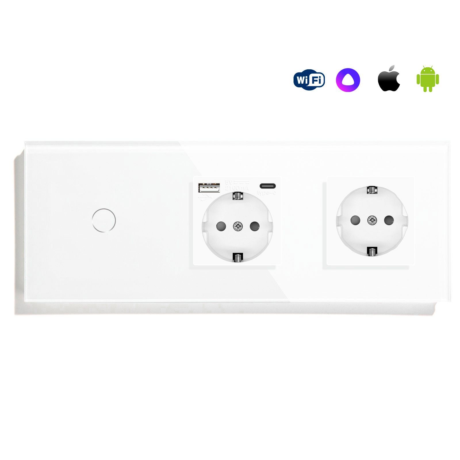 Купить Сенсорный выключатель WiFi с нулем 1кл. 2розетки 3поста (1G+AC/EU) стекло 228х86мм цвет белый в интернет-магазине Mvava.ru