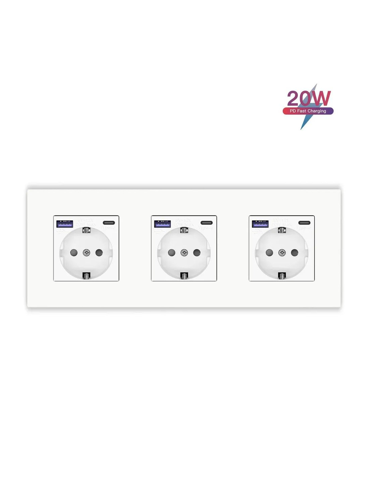 Купить Розетка электрическая 3 поста с Usb/Type-C АC, быстрая зарядка 20W, рамка пластик цвет белый в интернет-магазине Mvava.ru