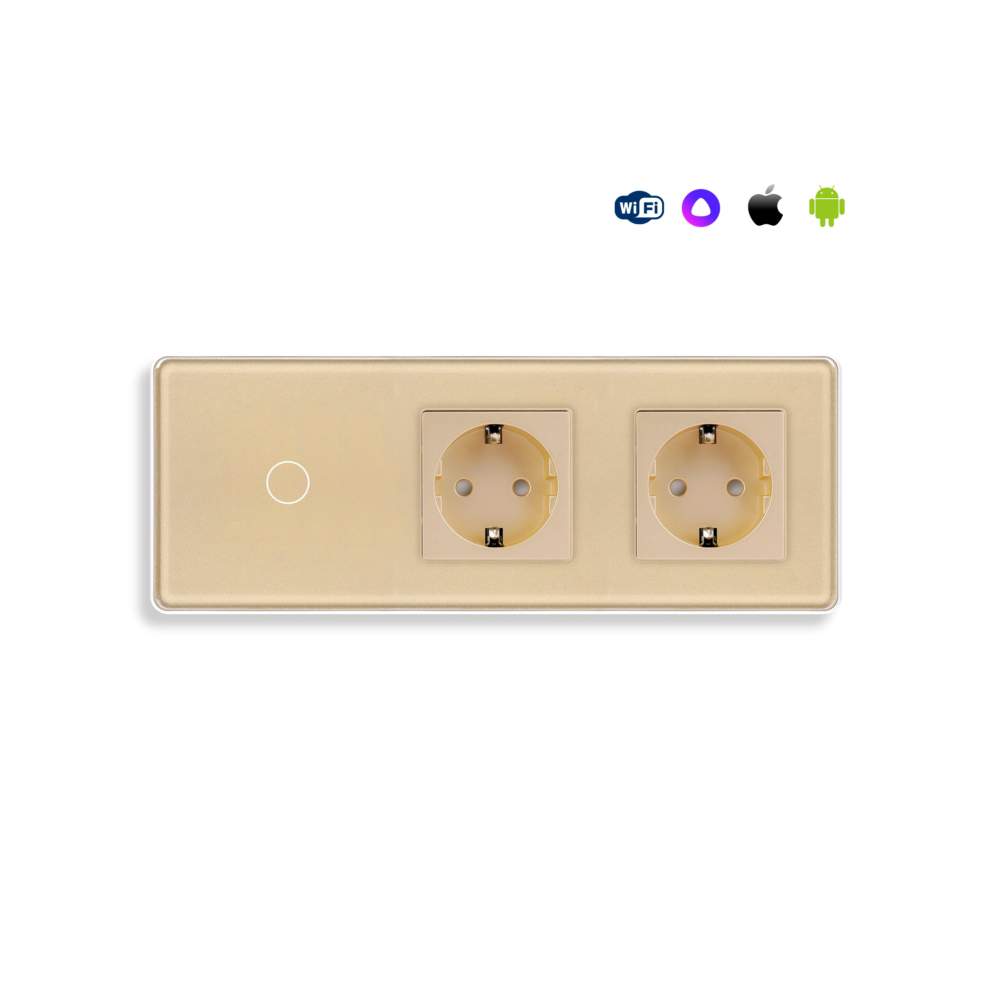 Купить Сенсорный выключатель WiFi 1 клавиша 2 розетки 3 поста (1G+2EU) стекло 2.5D 228х86мм цвет золотой в интернет-магазине Mvava.ru