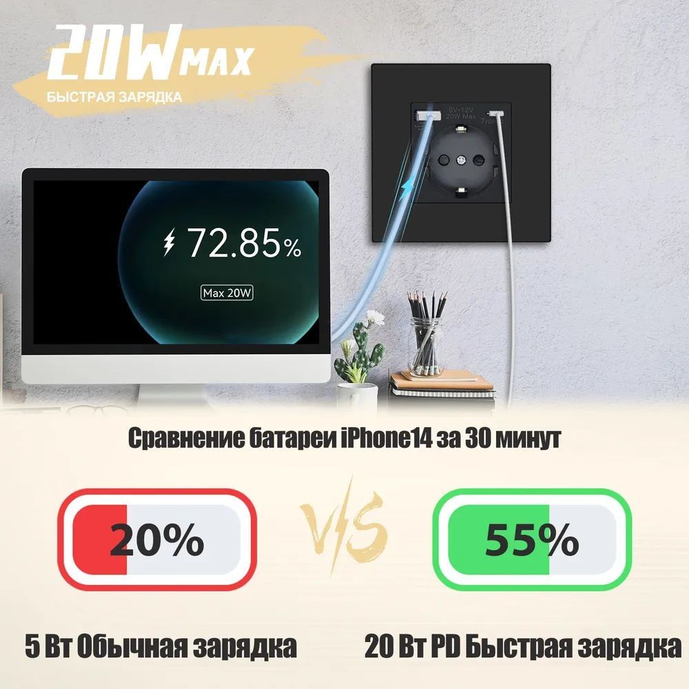 Купить Розетка электрическая 1 пост с Usb/Type-C АC, быстрая зарядка 20W, рамка пластик, цвет черный в интернет-магазине Mvava.ru