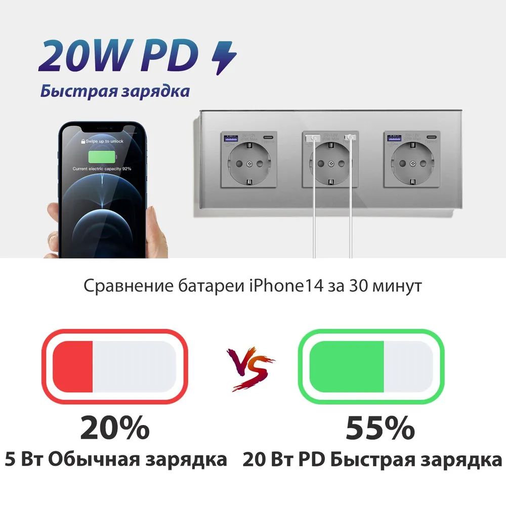 Купить Розетка электрическая 3 поста АC, быстрая зарядка 20W, стекло 228х86 мм, цвет серый в интернет-магазине Mvava.ru