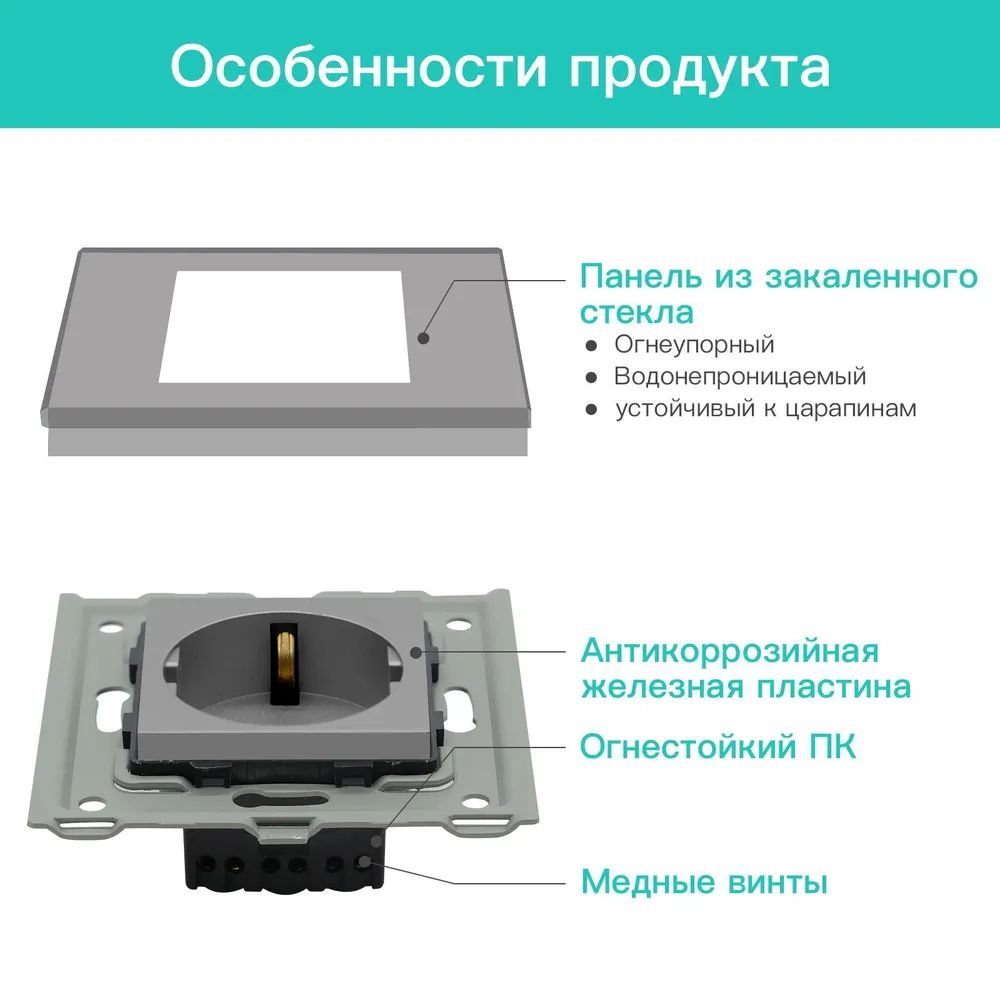 Купить Розетка электрическая 1 пост MVAVA, рамка стекло 86х86мм, цвет серый в интернет-магазине Mvava.ru