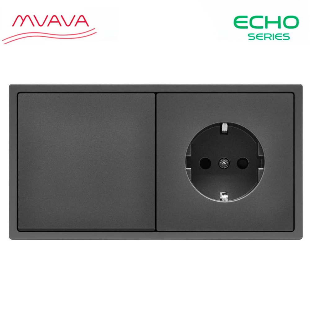 Купить Выключатель echo с розеткой, 1 клавиша 1 розетка, 2 поста (М1+1F) рамка пластик 152х81мм цвет серый в интернет-магазине Mvava.ru