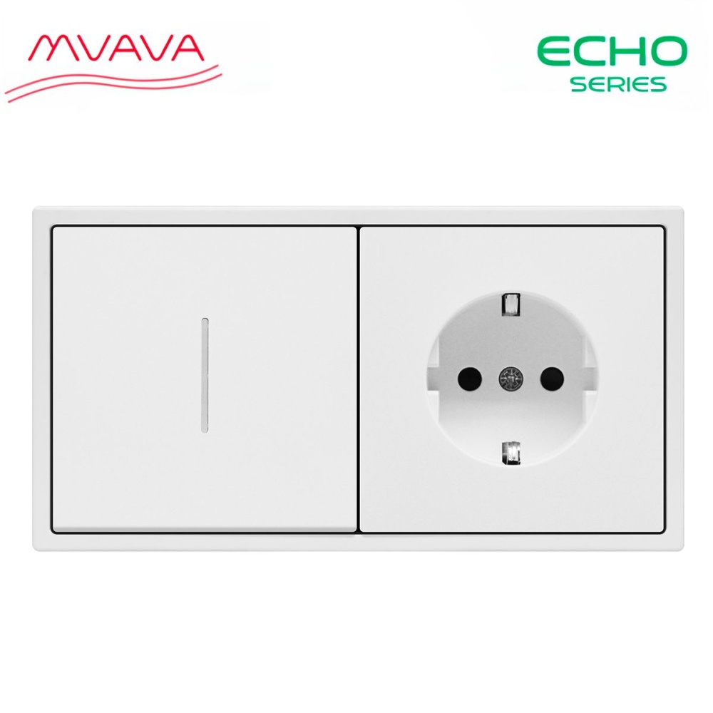 Купить Выключатель echo led, 1 клавиша 1 розетка, 2 поста (М1+1F) рамка пластик 152х81мм цвет белый в интернет-магазине Mvava.ru