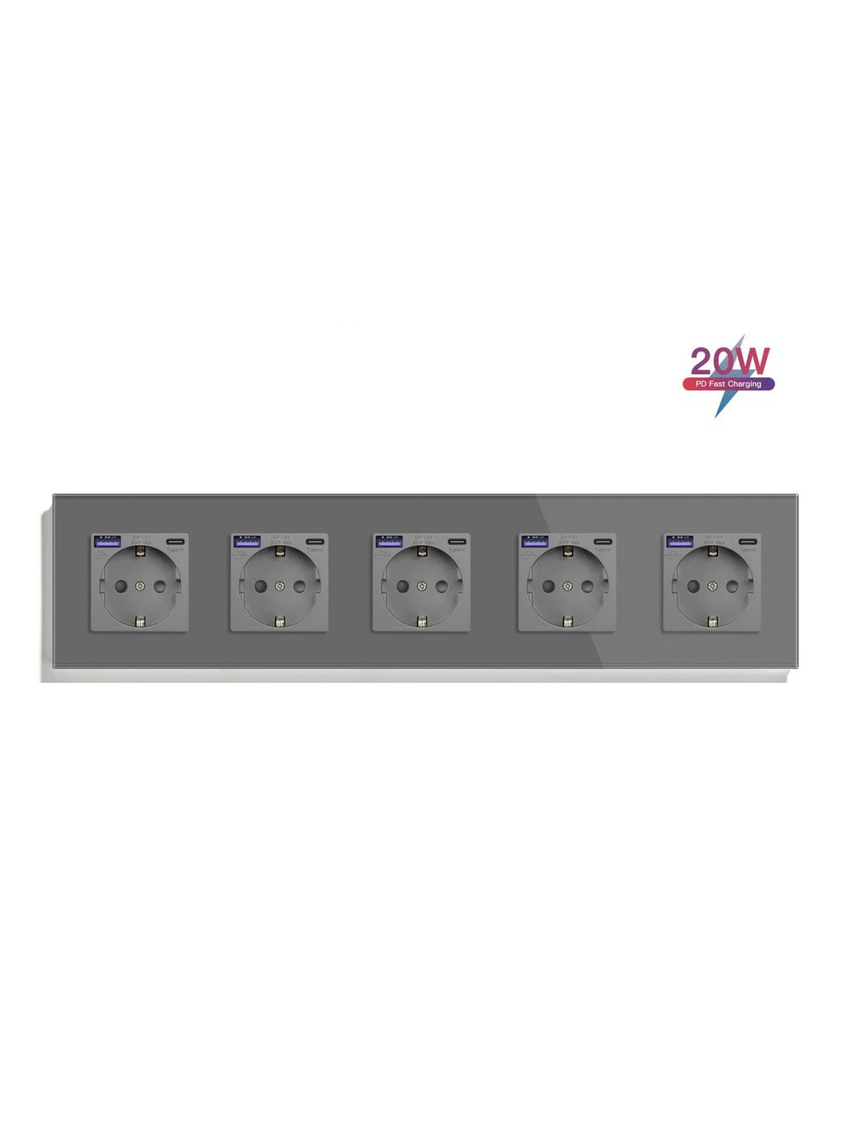 Купить Розетка электрическая 5 постов АC, быстрая зарядка 20W, стекло 370х86 мм, цвет серый в интернет-магазине Mvava.ru