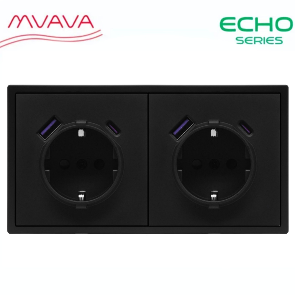 Купить Розетка электрическая echo 2 поста с Usb/Type-C АC, быстрая зарядка 20W, цвет черный в интернет-магазине Mvava.ru