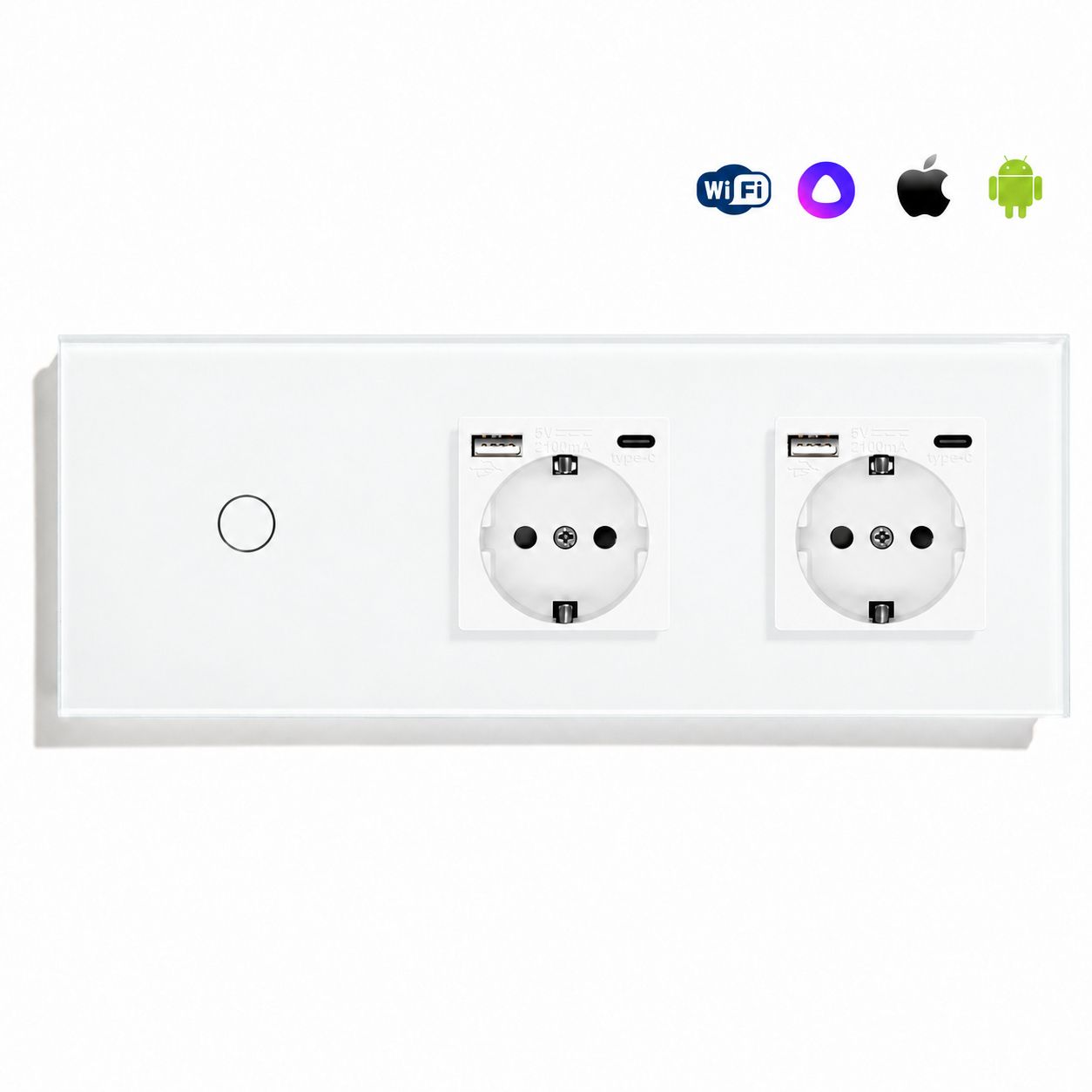 Купить Сенсорный выключатель WiFi с нулем 1кл. 2розетки 3поста (1G+2AC) стекло 228х86мм цвет белый в интернет-магазине Mvava.ru