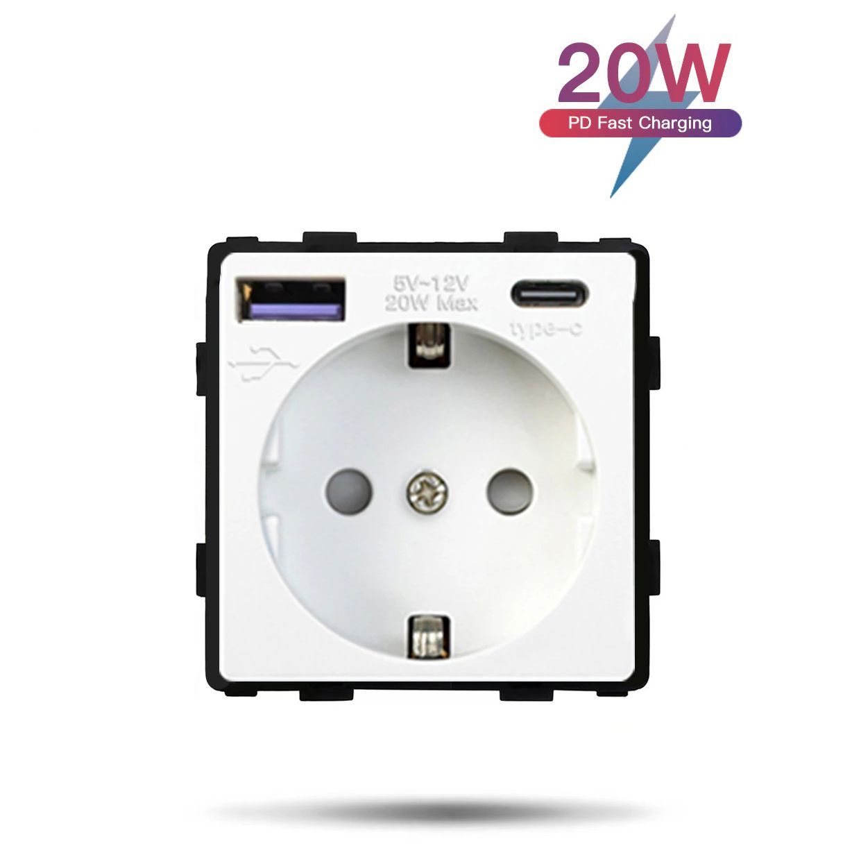 Купить Механизм розетки (без рамки) с Usb/Type-C АC, быстрая зарядка 20Вт, цвет белый в интернет-магазине Mvava.ru