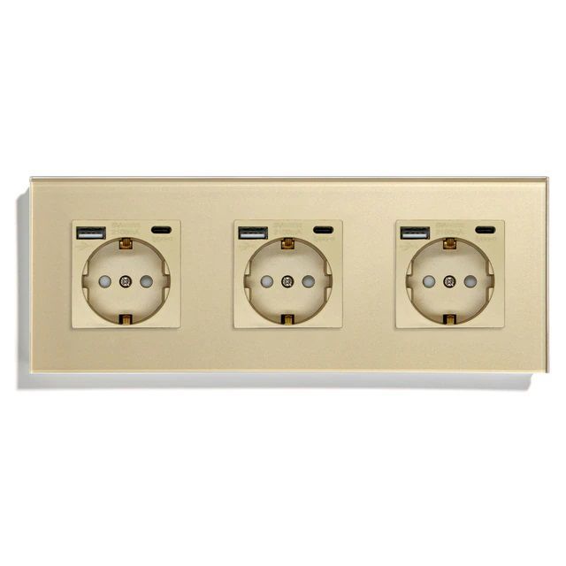 Купить Розетка электрическая 5 постов АC, зарядка 10W, стекло 370х86 мм, цвет золотой в интернет-магазине Mvava.ru