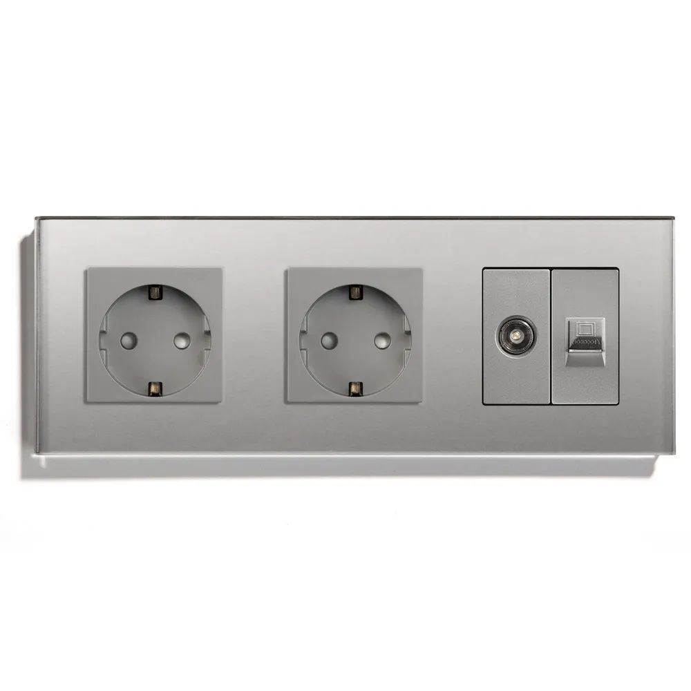 Купить Розетка 3 поста с интернет/тв, cat5/tv, рамка 228х86мм стекло, цвет серый в интернет-магазине Mvava.ru