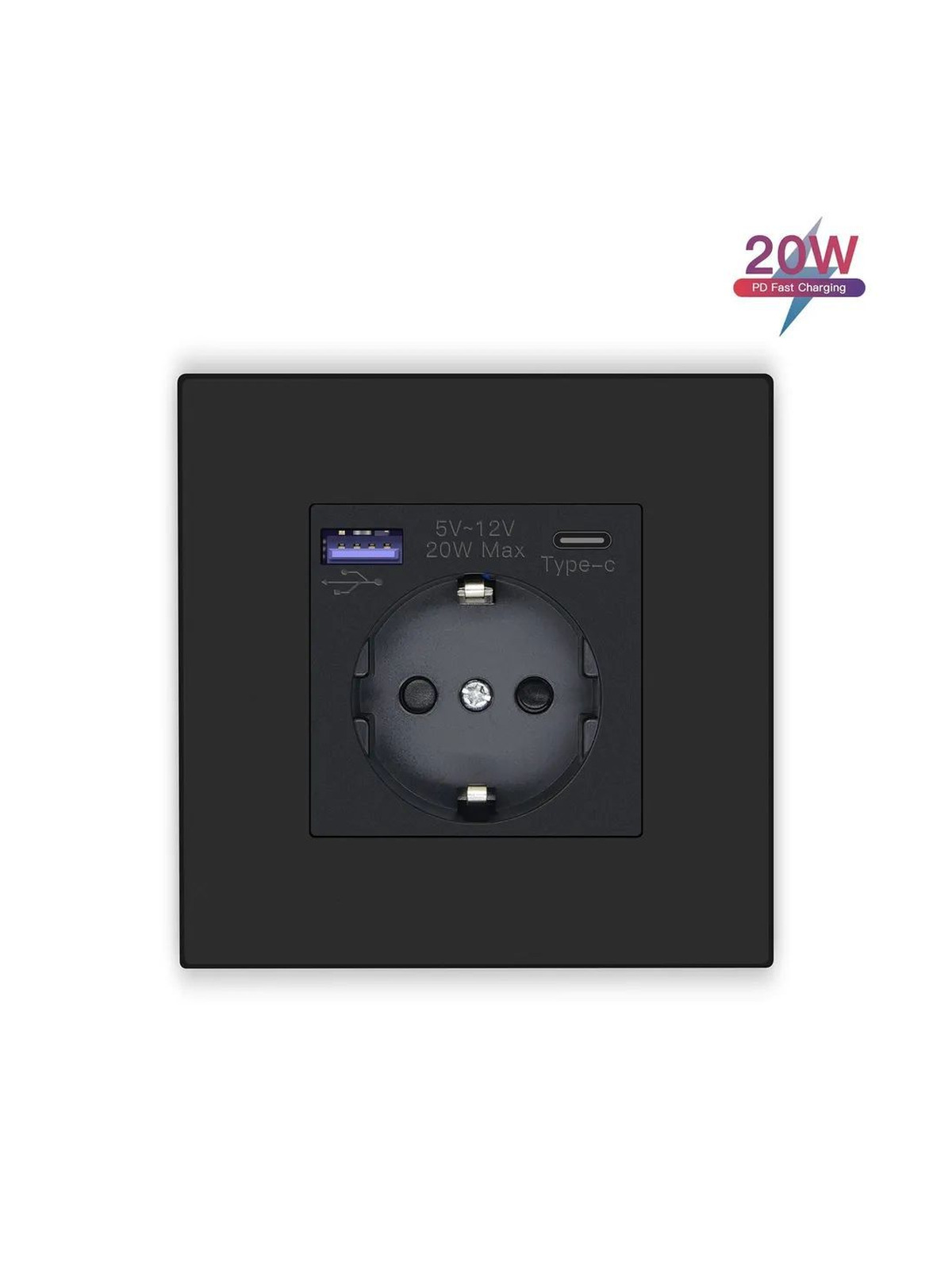 Купить Розетка электрическая 1 пост с Usb/Type-C АC, быстрая зарядка 20W, рамка пластик, цвет черный в интернет-магазине Mvava.ru